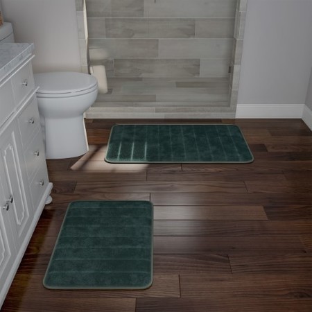 HASTINGS HOME Set of 2 Bathroom Rug Set Memory Foam Mats Striped Microfiber, Non-Slip Absorbent Runner (Green) 847272MDY